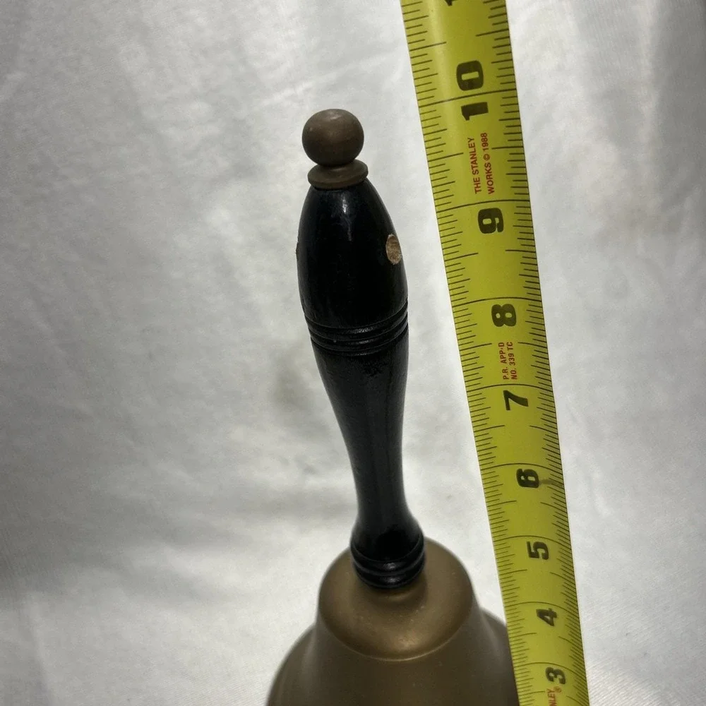 Vintage Large Brass Hand Bell Loud School Church Desk Wood Handle 10 inches .